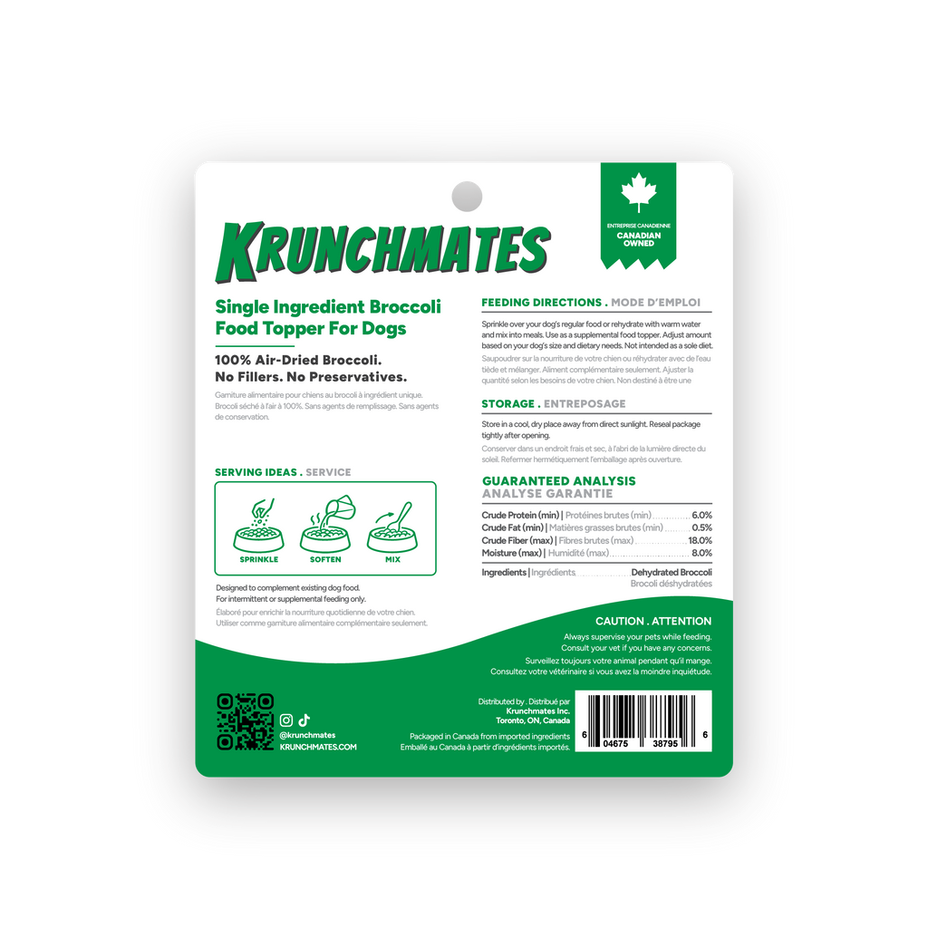 Back of Krunchmates Brocco Brocster broccoli dog food topper pouch showing feeding directions, guaranteed analysis, and single-ingredient dehydrated broccoli