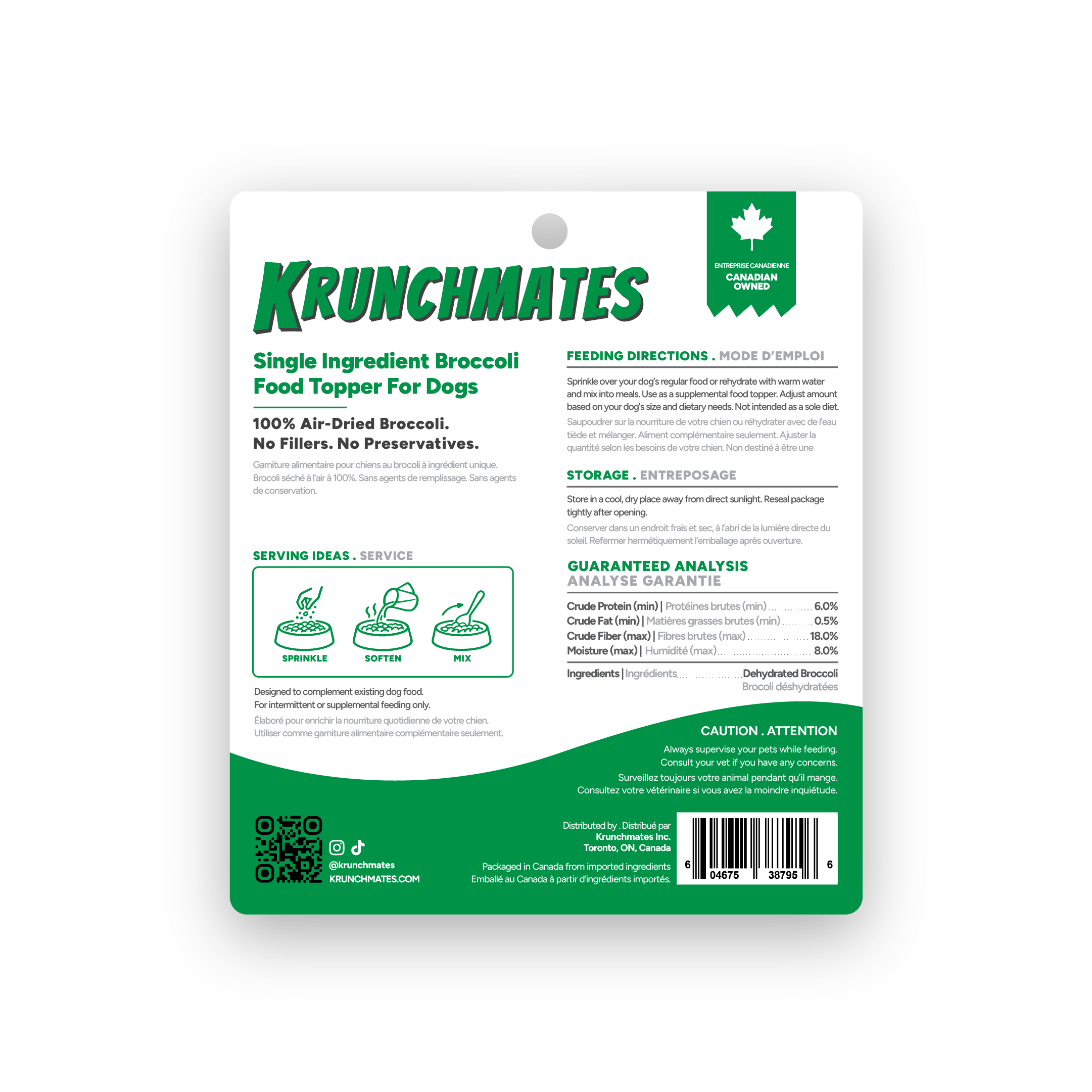 Back of Krunchmates Brocco Brocster broccoli dog food topper pouch showing feeding directions, guaranteed analysis, and single-ingredient dehydrated broccoli
