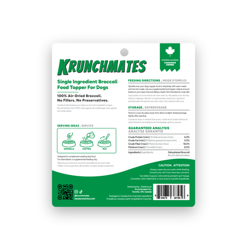 Back of Krunchmates Brocco Brocster broccoli dog food topper pouch showing feeding directions, guaranteed analysis, and single-ingredient dehydrated broccoli