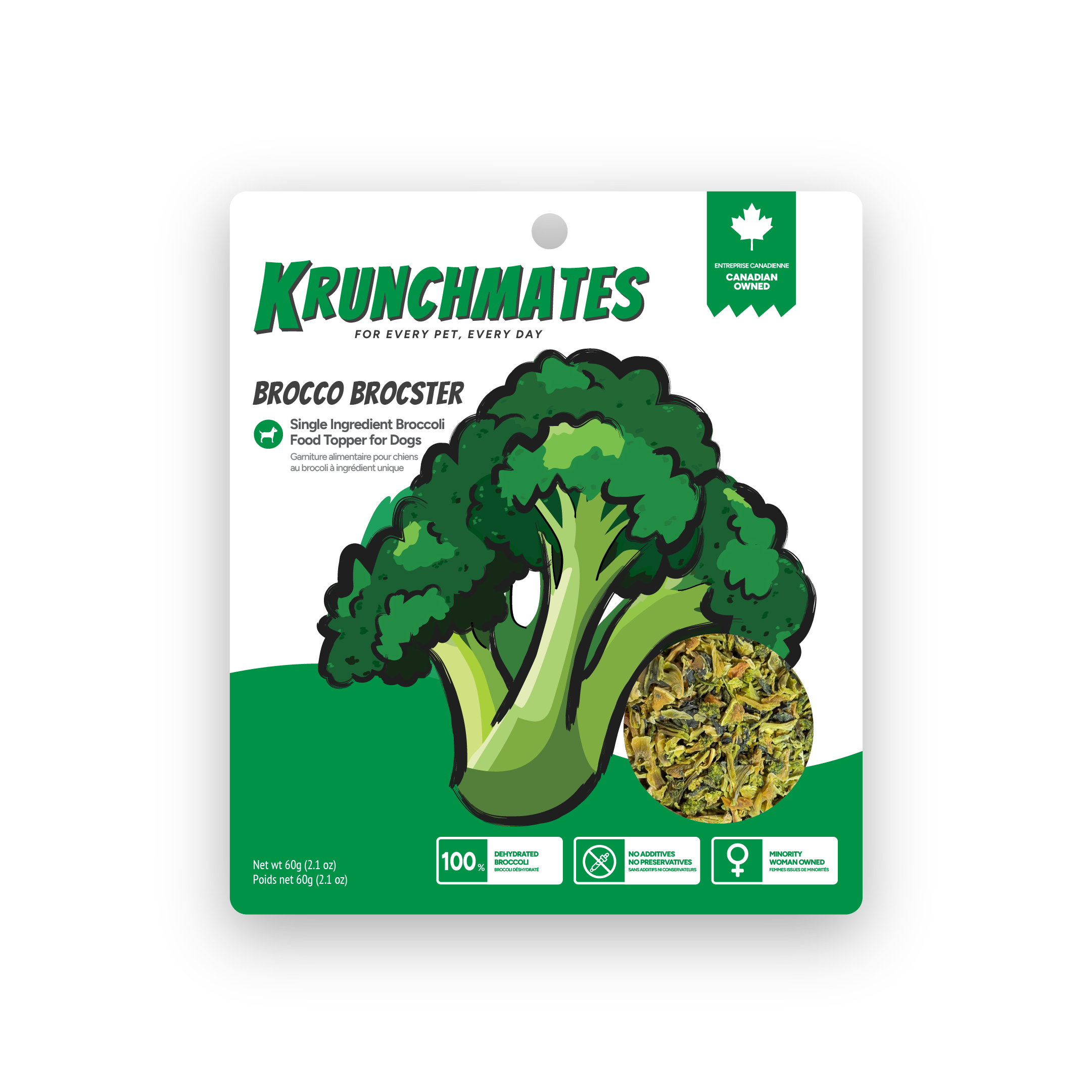 Krunchmates Brocco Brocster broccoli dog food topper, single-ingredient dehydrated broccoli in premium pouch