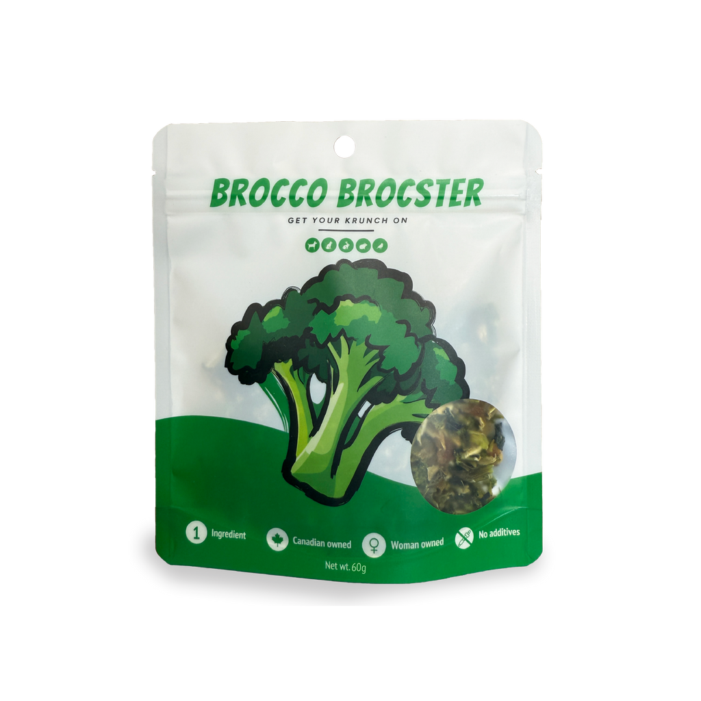 Krunchmates Brocco Brocster broccoli dog food topper, single-ingredient dehydrated broccoli in premium pouch