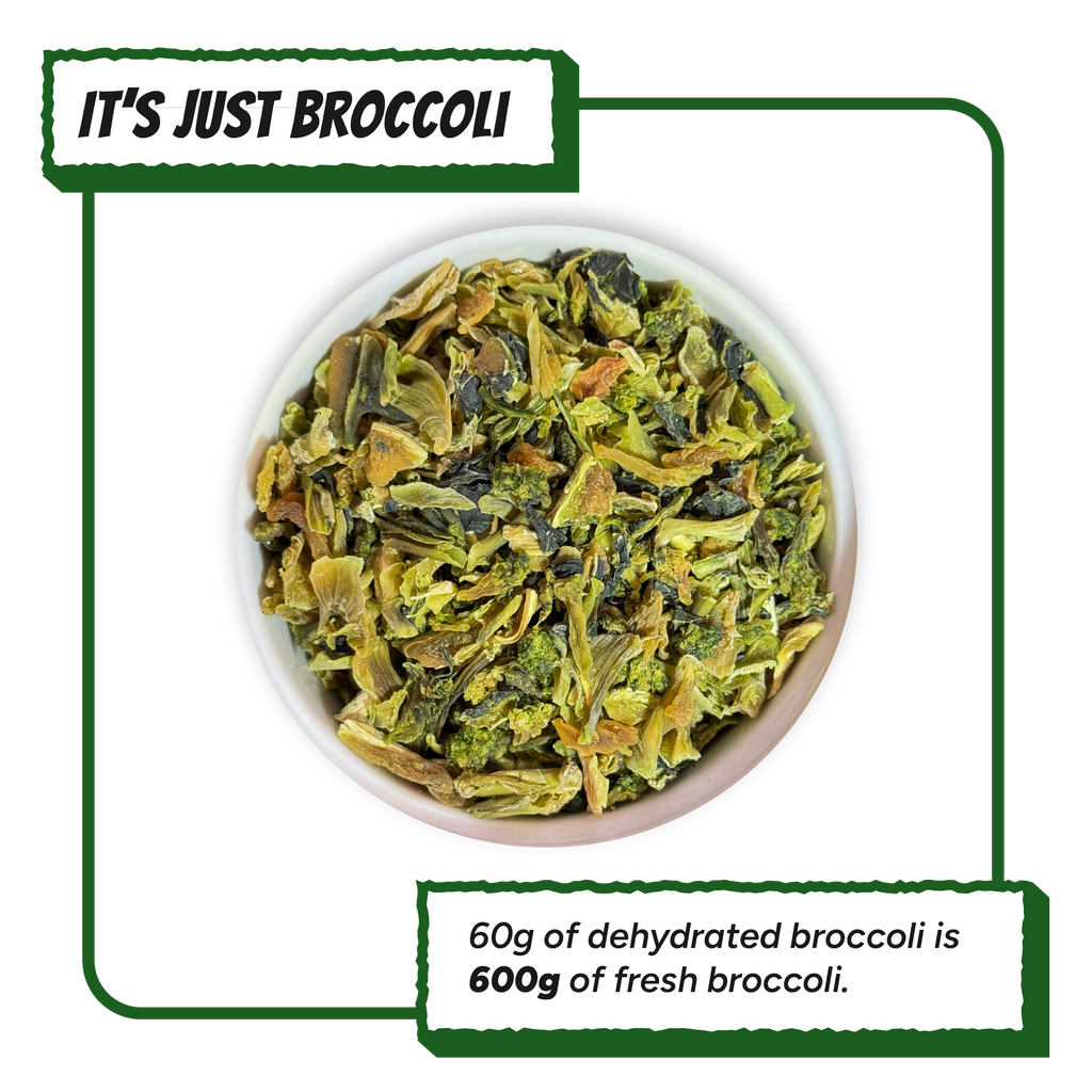 Close-up of dehydrated broccoli dog food topper by Krunchmates, single-ingredient air-dried broccoli pieces in white bowl