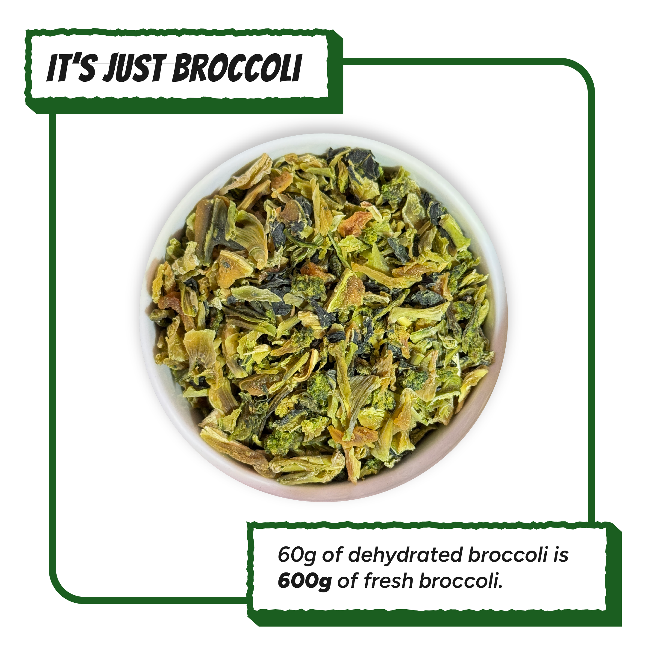 Close-up of dehydrated broccoli dog food topper by Krunchmates, single-ingredient air-dried broccoli pieces in white bowl