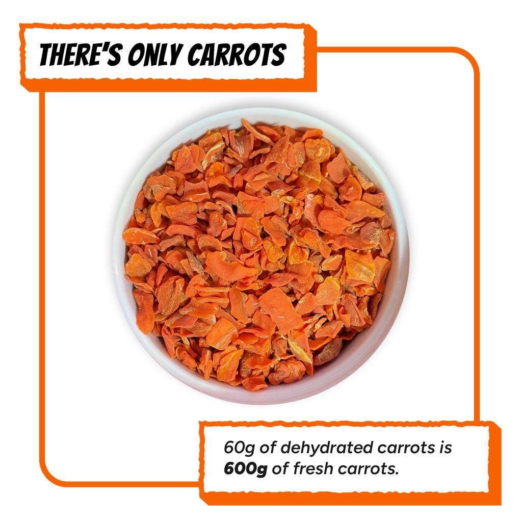 Close-up of dehydrated carrot dog food topper by Krunchmates, single-ingredient air-dried carrot pieces in white bowl