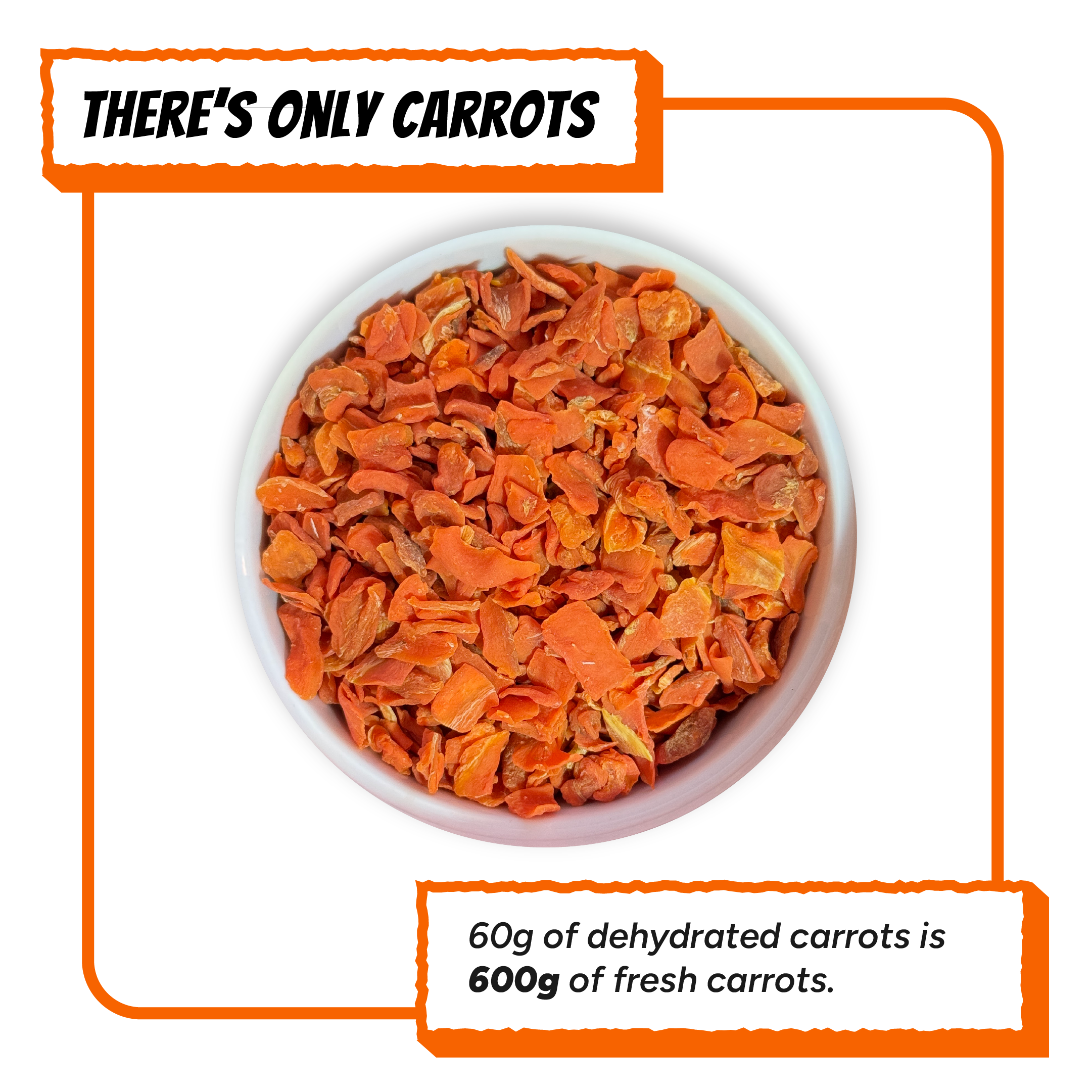 Close-up of dehydrated carrot dog food topper by Krunchmates, single-ingredient air-dried carrot pieces in white bowl