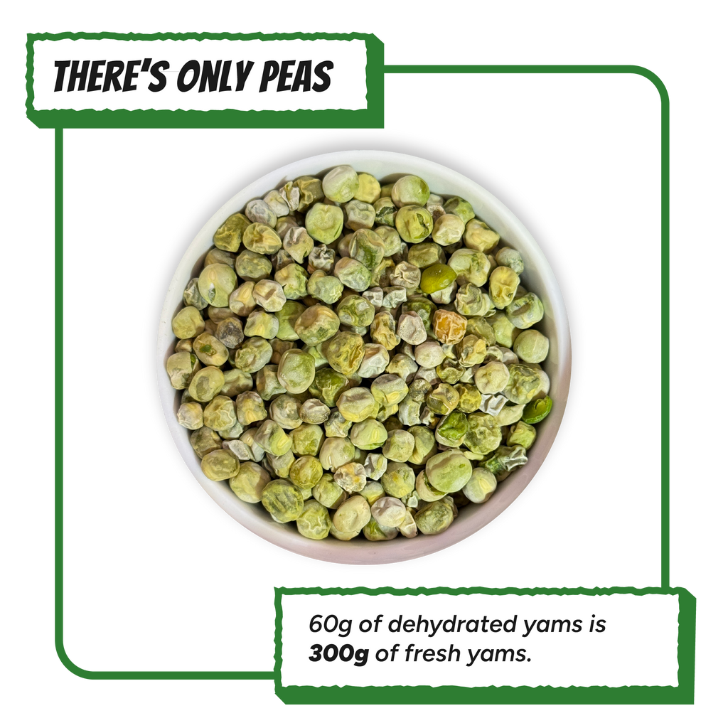 Close-up of dehydrated pea dog food topper by Krunchmates, single-ingredient air-dried peas in white bowl