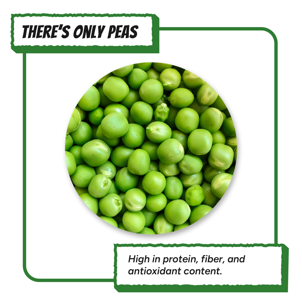 Fresh whole green peas highlighting the single ingredient used in Krunchmates pea dog food topper