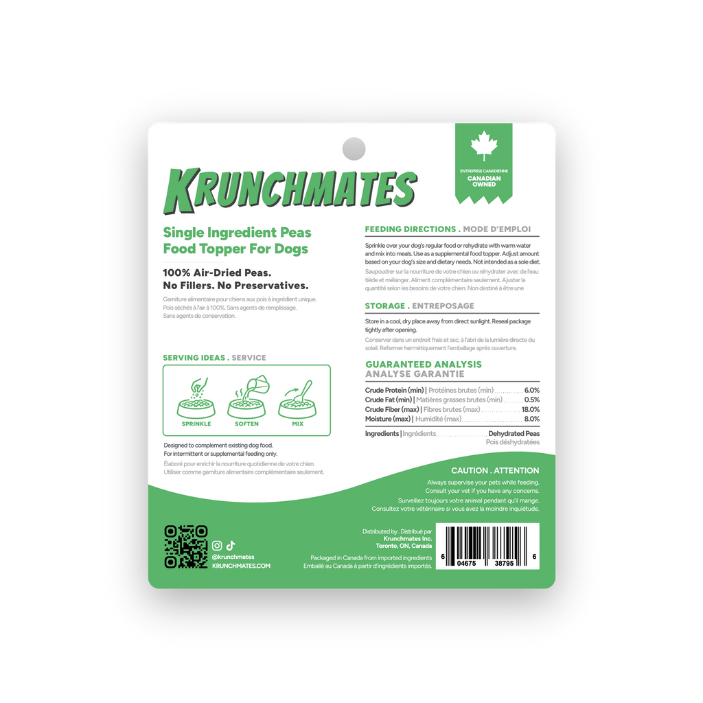 Back label of Krunchmates pea dog food topper showing feeding directions, guaranteed analysis, and single-ingredient dehydrated peas