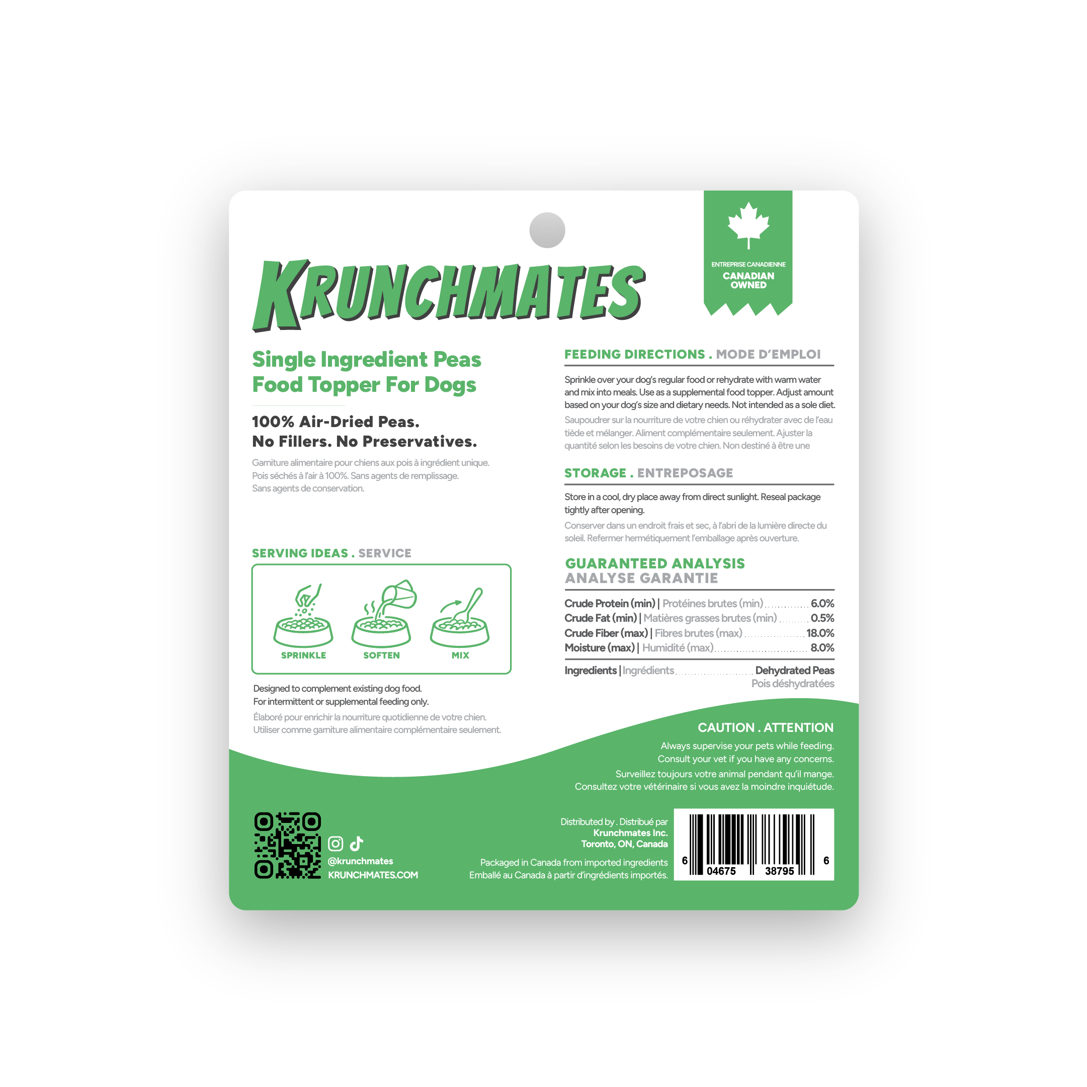 Back label of Krunchmates pea dog food topper showing feeding directions, guaranteed analysis, and single-ingredient dehydrated peas