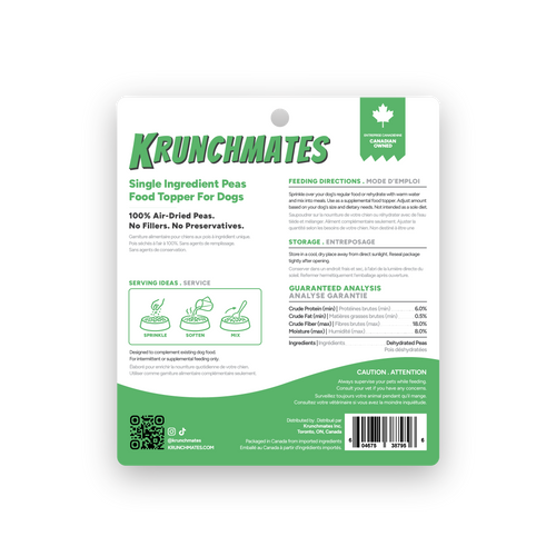 Back label of Krunchmates pea dog food topper showing feeding directions, guaranteed analysis, and single-ingredient dehydrated peas