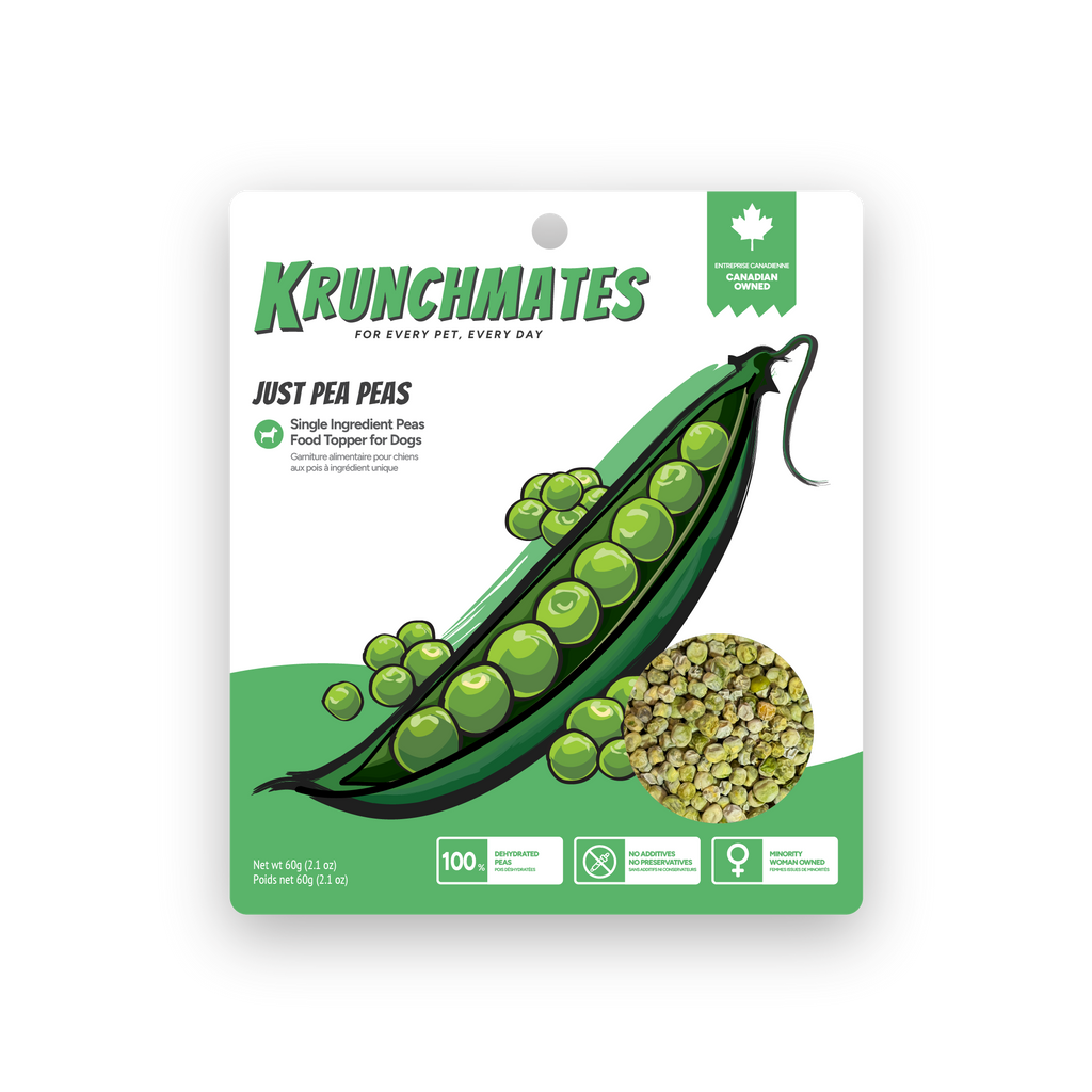 Krunchmates Just Pea Peas single-ingredient pea dog food topper in premium resealable pouch, 100% dehydrated peas for dogs
