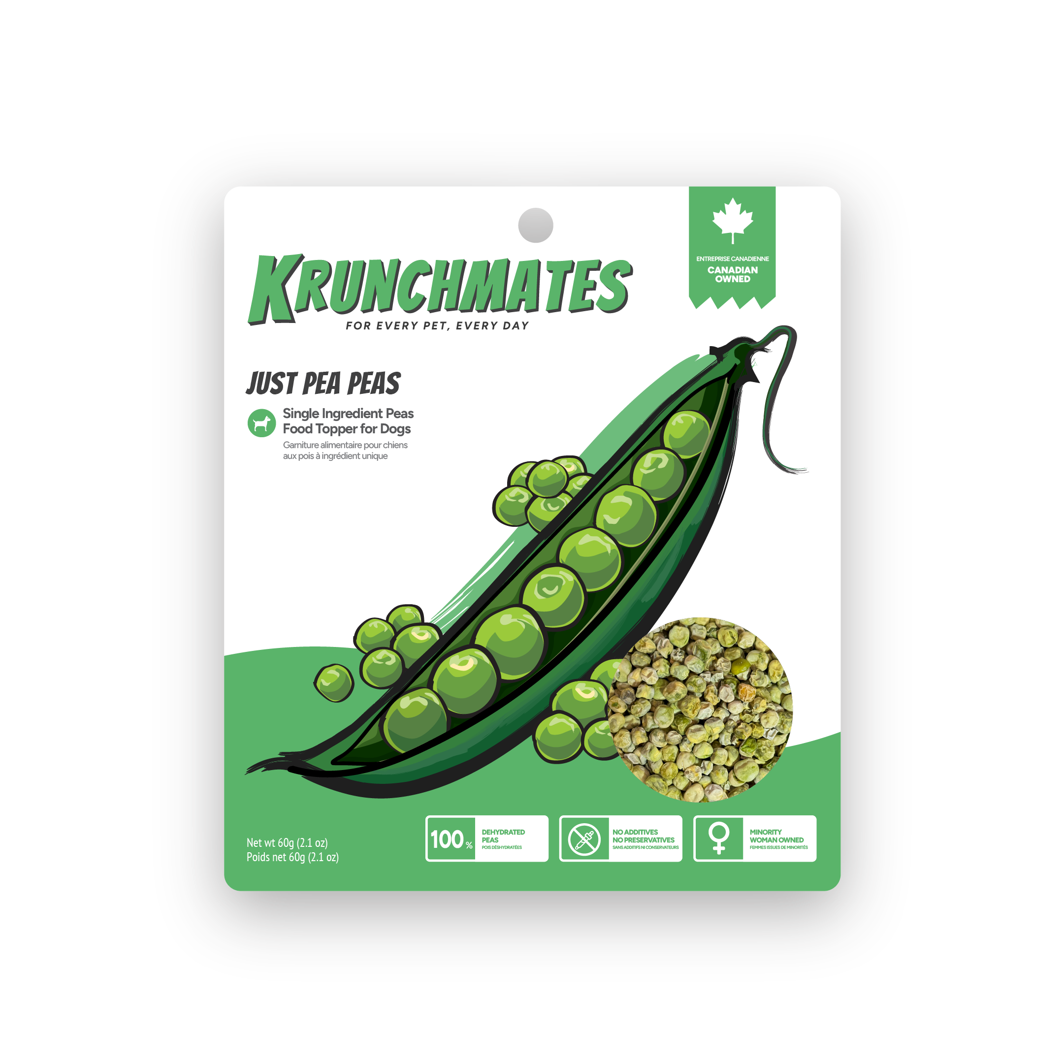 Krunchmates Just Pea Peas single-ingredient pea dog food topper in premium resealable pouch, 100% dehydrated peas for dogs