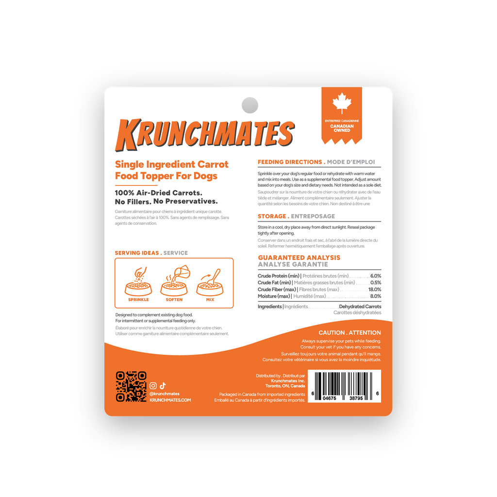 Back label of Krunchmates carrot dog food topper showing feeding directions, guaranteed analysis, and single-ingredient dehydrated carrots