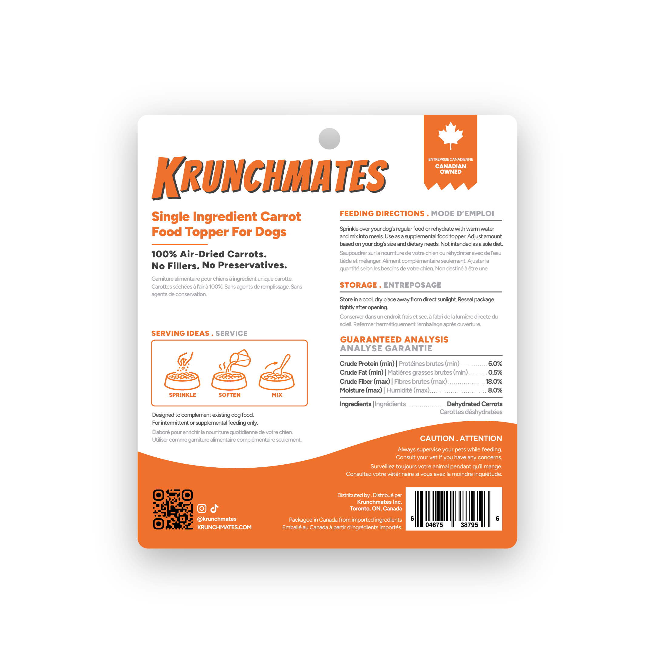 Back label of Krunchmates carrot dog food topper showing feeding directions, guaranteed analysis, and single-ingredient dehydrated carrots