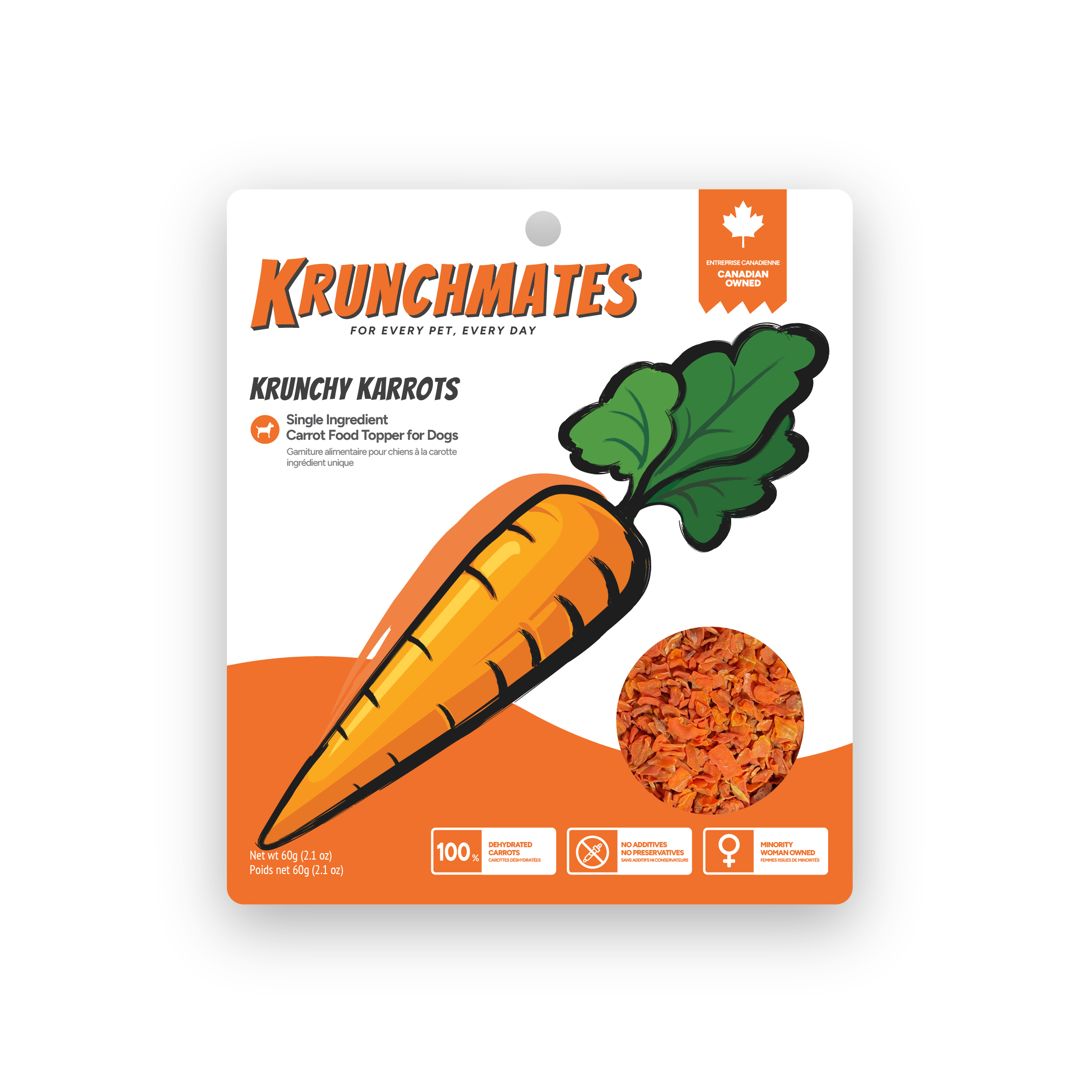 Krunchmates Krunchy Karrots single-ingredient carrot dog food topper in premium resealable pouch, 100% dehydrated carrots for dogs