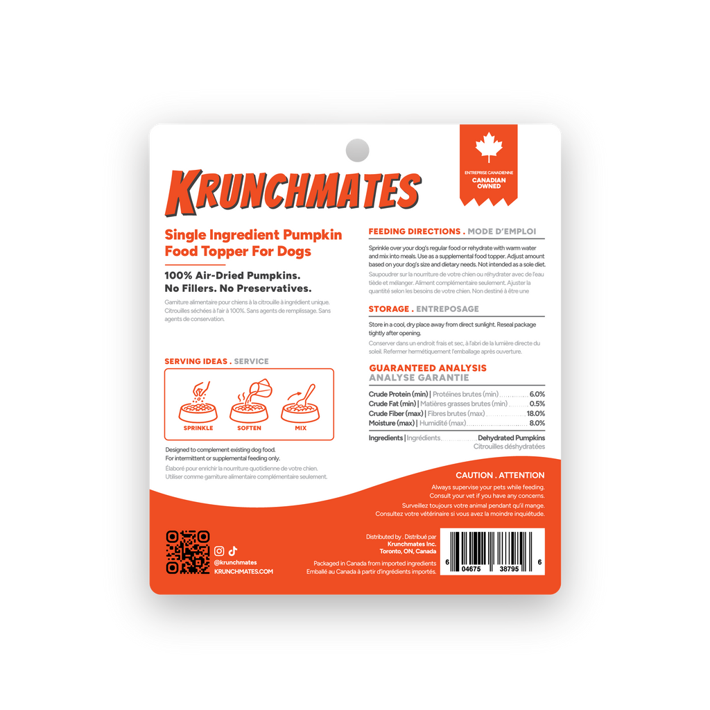 Back label of Krunchmates pumpkin dog food topper showing feeding directions, guaranteed analysis, and single-ingredient dehydrated pumpkin