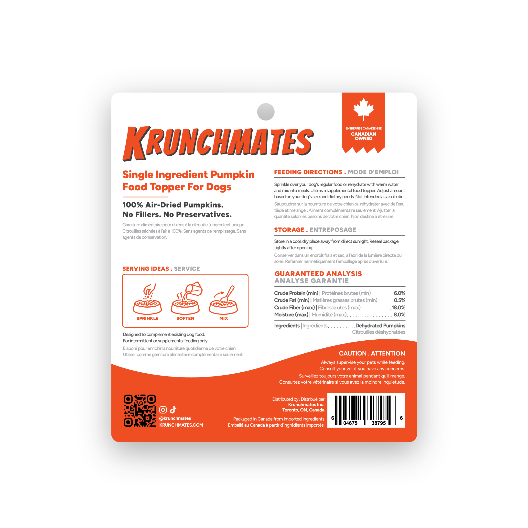 Back label of Krunchmates pumpkin dog food topper showing feeding directions, guaranteed analysis, and single-ingredient dehydrated pumpkin
