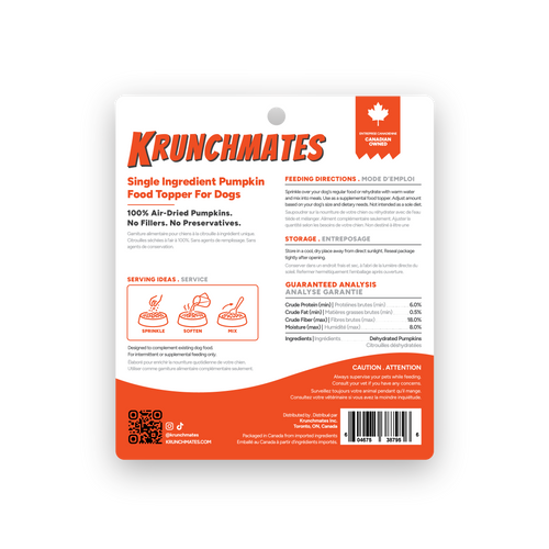 Back label of Krunchmates pumpkin dog food topper showing feeding directions, guaranteed analysis, and single-ingredient dehydrated pumpkin