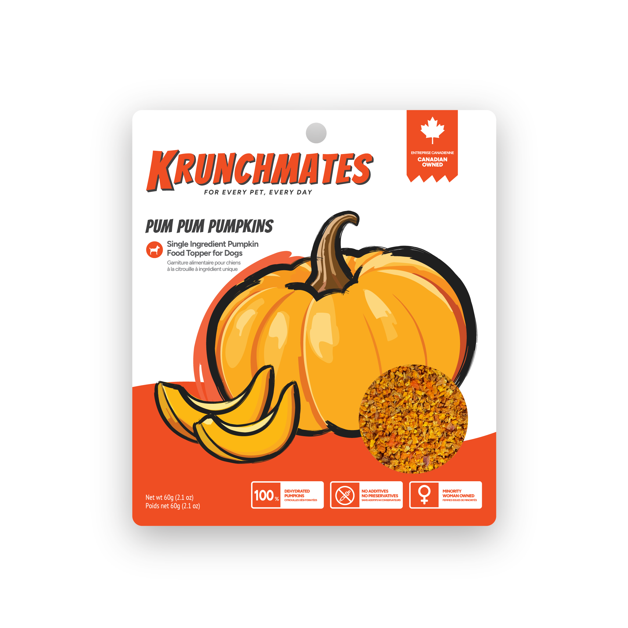 Krunchmates Pum Pum Pumpkins single-ingredient pumpkin dog food topper in premium resealable pouch, 100% dehydrated pumpkin for dogs