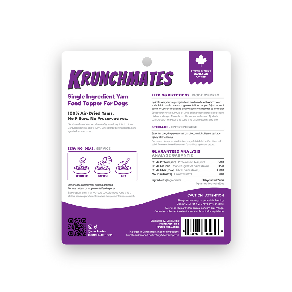 Back label of Krunchmates sweet potato dog food topper showing feeding directions, guaranteed analysis, and single-ingredient dehydrated yams