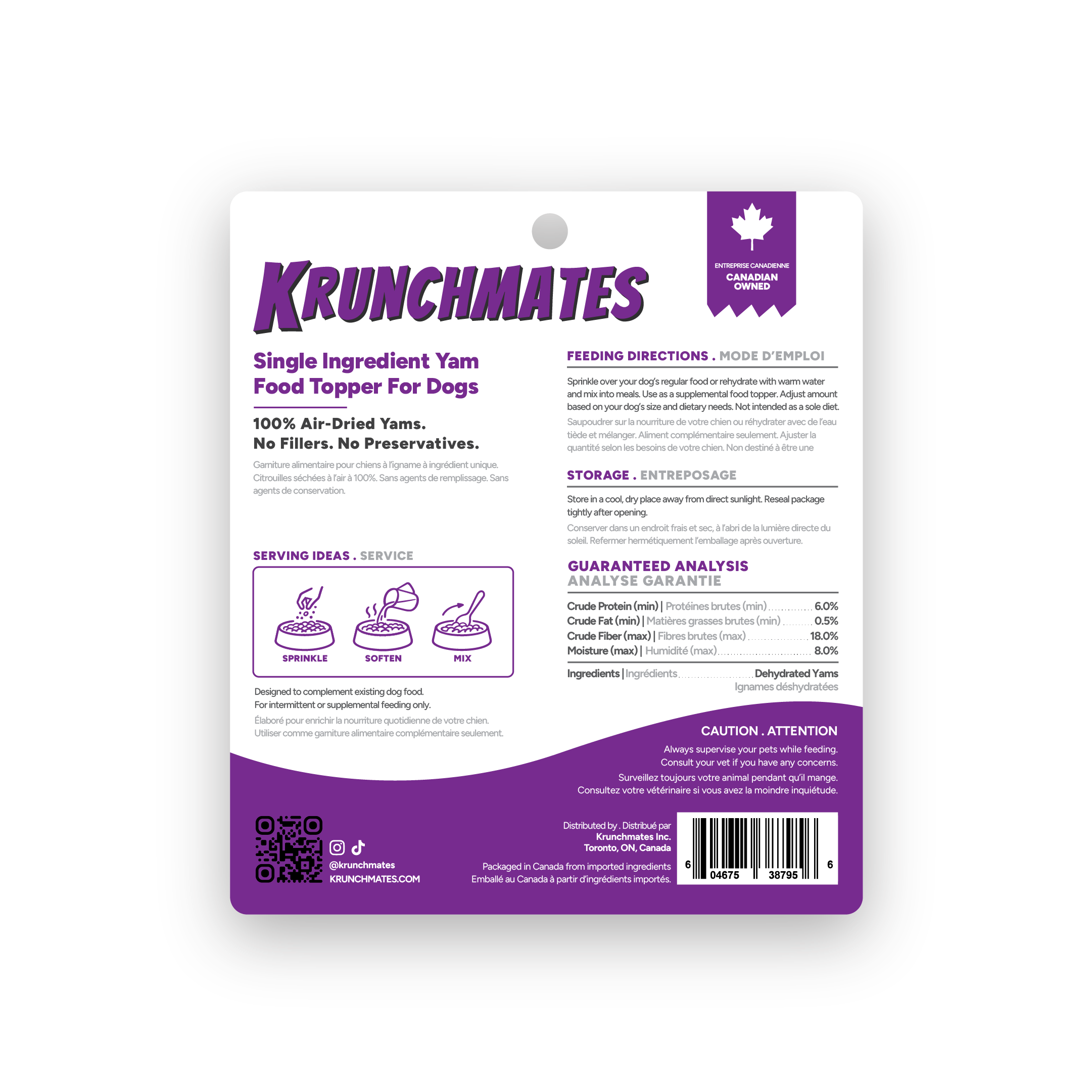 Back label of Krunchmates sweet potato dog food topper showing feeding directions, guaranteed analysis, and single-ingredient dehydrated yams