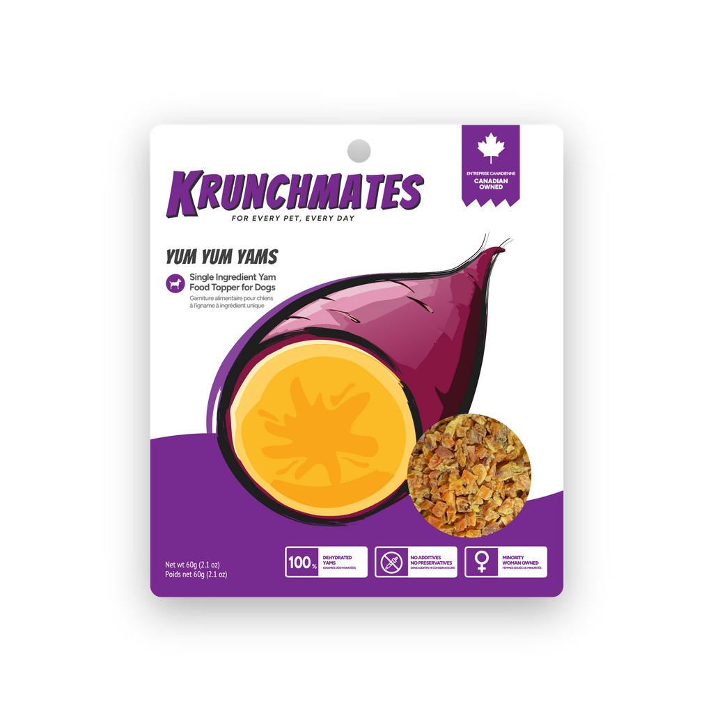 Krunchmates Yum Yum Yams single-ingredient sweet potato dog food topper in premium resealable pouch, 100% dehydrated yams for dogs