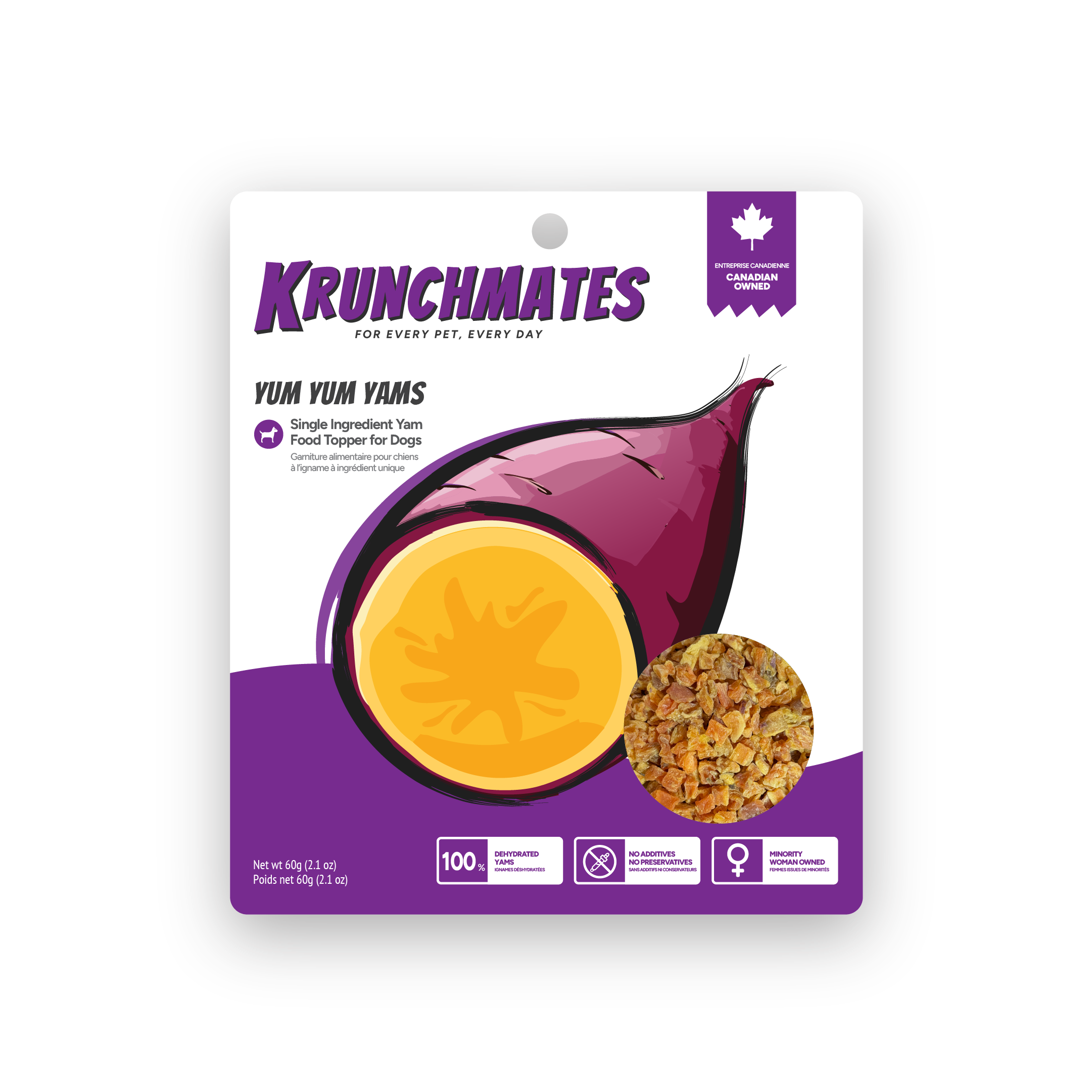 Krunchmates Yum Yum Yams single-ingredient sweet potato dog food topper in premium resealable pouch, 100% dehydrated yams for dogs