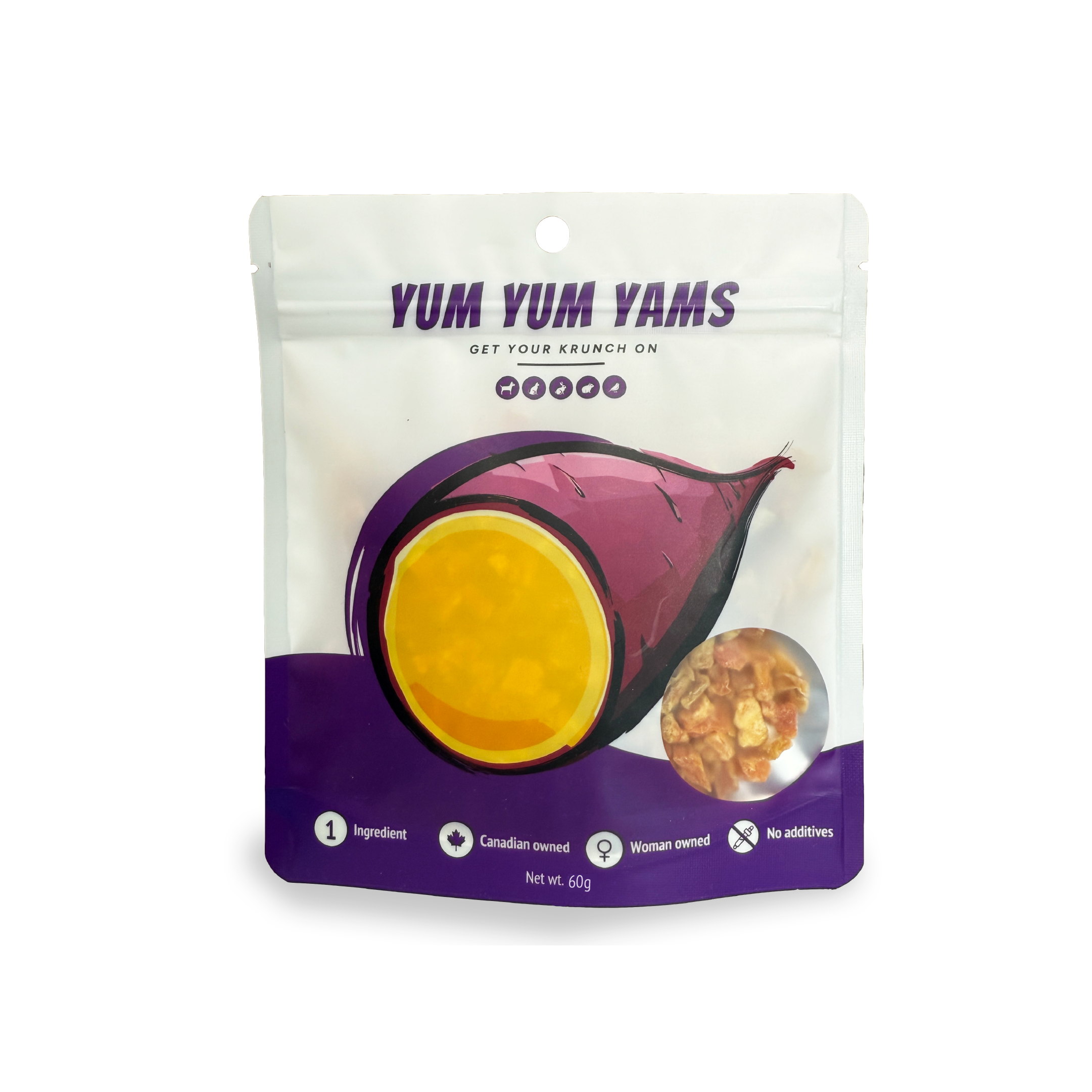 Krunchmates Yum Yum Yams single-ingredient sweet potato dog food topper in premium resealable pouch, 100% dehydrated yams for dogs